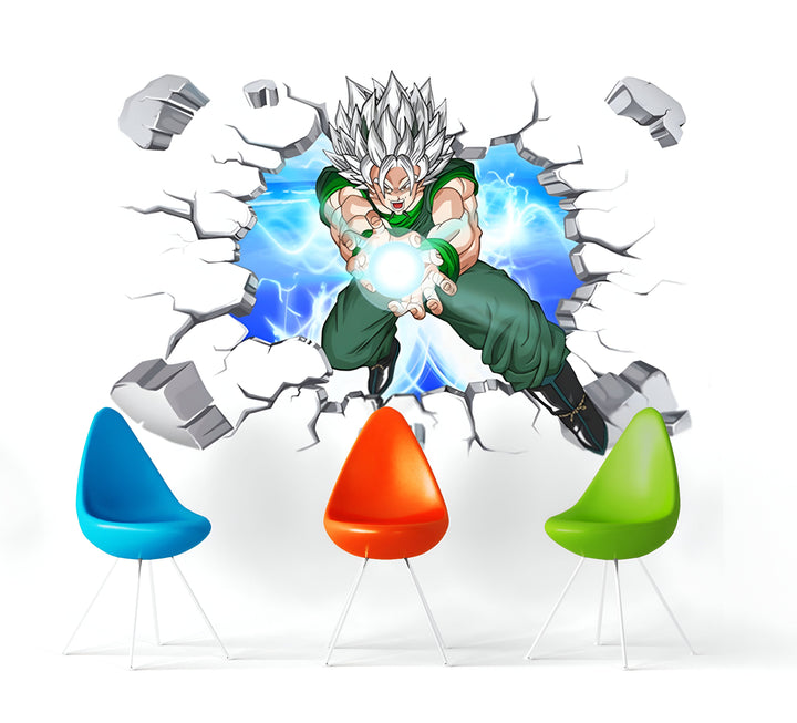 Une image de Son Goku, un personnage de la série animée Dragon Ball Z, en train de Kamehameha. Il est représenté en train de briser un mur avec son poing.,ST-546934455X
