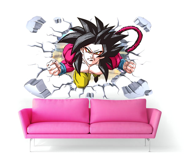 Une image de Son Goku, un personnage de la série animée Dragon Ball Z, en train de briser un mur. Il est entouré de morceaux de béton et de briques.,ST-0470977523