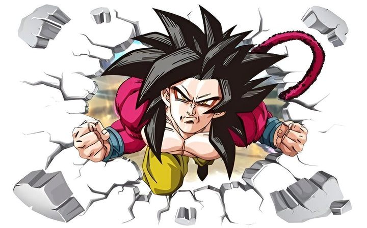Une image de Son Goku, un personnage de la série animée Dragon Ball Z, en train de briser un mur. Il est entouré de débris et a les cheveux noirs hérissés. Il porte une combinaison orange et bleue et a une expression déterminée sur le visage.,ST-0470977523