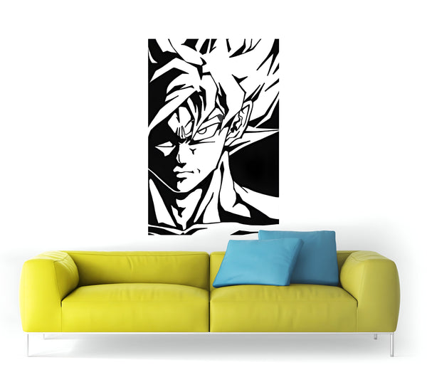 L'image représente un mur blanc avec un canapé jaune et un poster de Son Goku, un personnage de la série animée Dragon Ball Z.,ST-8342048071,ST-9814849456,ST-8820675765,ST-8310481543,ST-6589537348,ST-9011701100,ST-6747147855,ST-2862602191,ST-2958462846