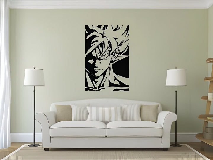 L'image représente un sticker mural de Son Goku, un personnage de la série animée Dragon Ball Z. Il est représenté de face, avec ses cheveux hérissés et son regard déterminé. Le sticker est de couleur noire et mesure 50 cm de haut sur 35 cm de large.,ST-8342048071,ST-9814849456,ST-8820675765,ST-8310481543,ST-6589537348,ST-9011701100,ST-6747147855,ST-2862602191,ST-2958462846