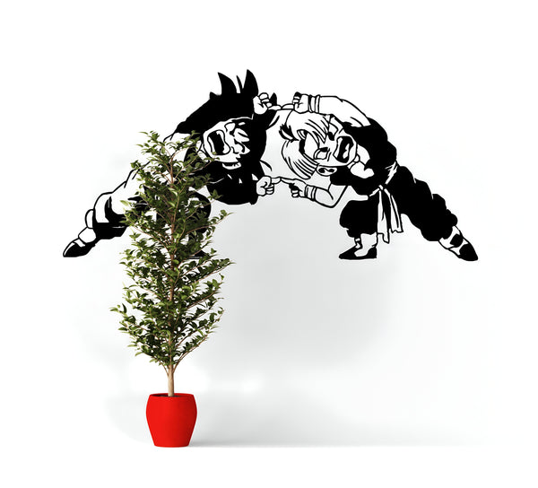 Une image en noir et blanc de Son Goku et Vegeta, deux personnages de la série animée Dragon Ball Z, en train de se battre. Ils sont représentés en train de s'affronter, avec leurs poings levés. L'image est épurée et minimaliste, avec un fond blanc uni.,ST-2457899583,ST-9538290607,ST-3198780489