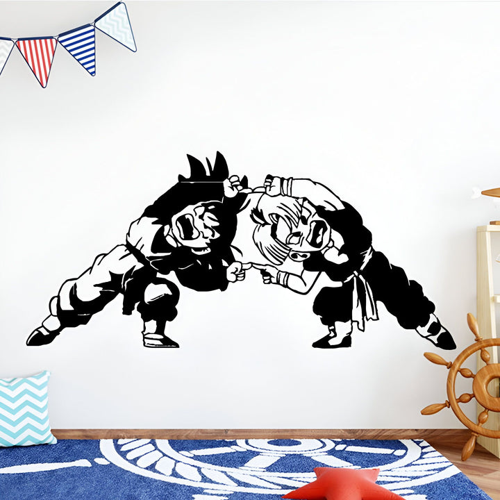 L'image représente un combat entre deux personnages de dessins animés, Goku et Vegeta. Ils sont tous les deux en position de combat, prêts à attaquer.,ST-2457899583,ST-9538290607,ST-3198780489
