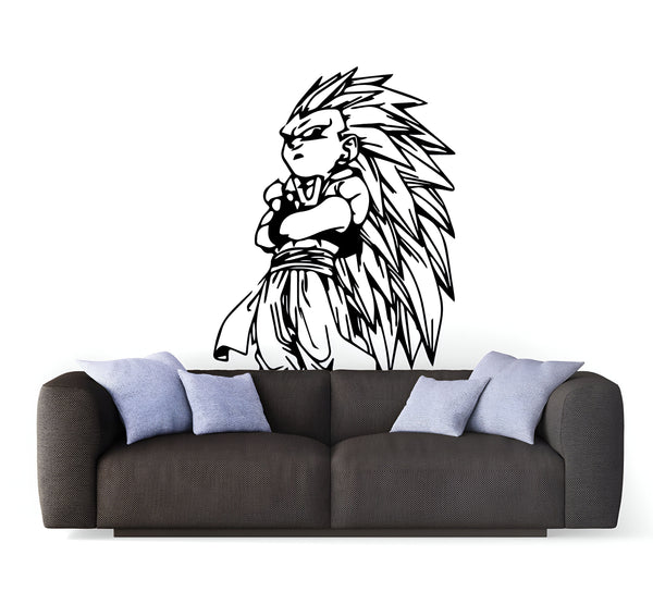 L'image représente un sticker mural en vinyle d'un personnage de dessin animé japonais, Son Goku, de la série Dragon Ball Z. Il est représenté de face, les bras croisés, avec ses cheveux hérissés et sa tenue de combat. Le sticker est de couleur noire et mesure 50 cm de haut sur 35 cm de large.,ST-4755539226,ST-5700437562,ST-1161703624,ST-563243995X