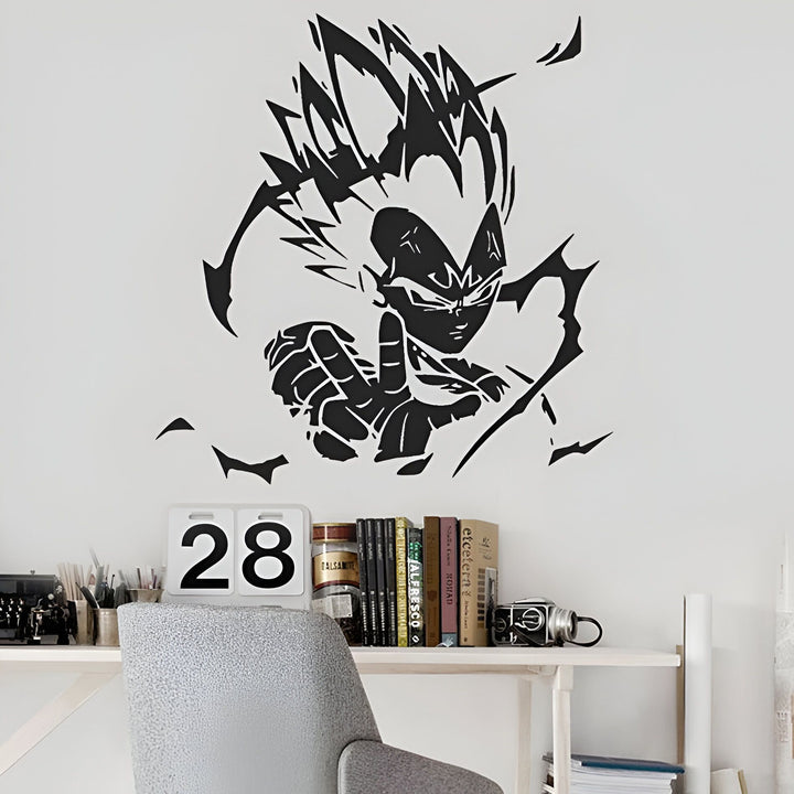 L'image représente un sticker mural en vinyle noir de Vegeta, un personnage de la série animée Dragon Ball Z. Il est représenté en train de se mettre en position pour attaquer.,ST-2495069665,ST-4885143365,ST-3387765436,ST-1755703821