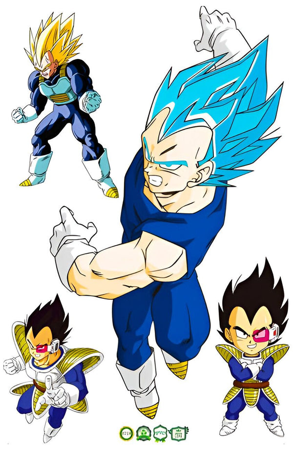 L'image représente le personnage de Vegeta, un Saiyan de la série animée Dragon Ball Z. Il est représenté sous différentes formes, notamment en Super Saiyan, en Super Saiyan 2 et en Super Saiyan 3.,ST-1735660566