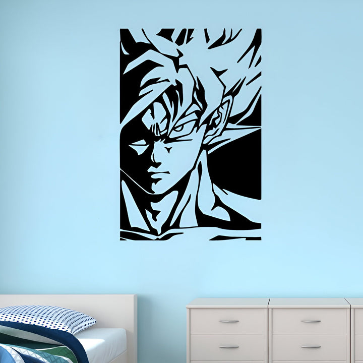 L'image représente un sticker mural en vinyle d'un personnage de dessin animé japonais, Son Goku, de la série Dragon Ball Z. Il est représenté de face, avec ses cheveux hérissés et son regard déterminé.,ST-2210216974,ST-1892241765,ST-0432622462