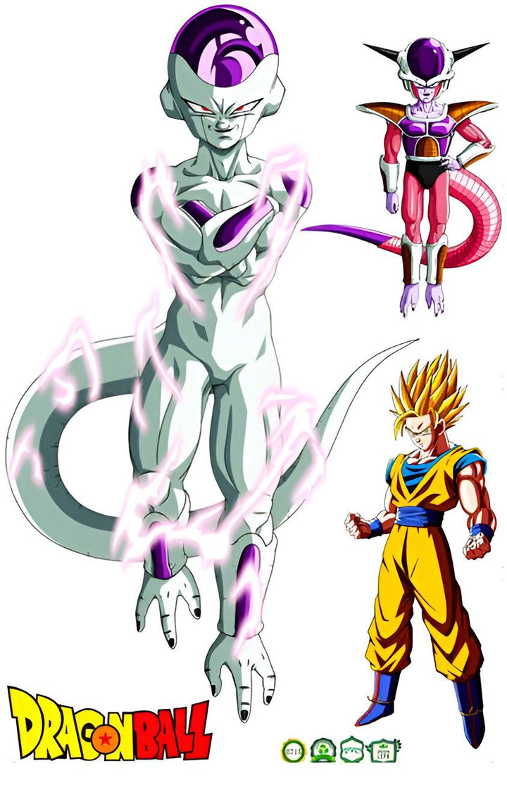 L'image représente trois personnages du dessin animé Dragon Ball. Il y a Freezer, le tyran galactique, qui est en train de se transformer en sa deuxième forme. Il y a aussi Goku, le héros de l'histoire, qui est en train de se préparer à se battre. Et enfin, il y a Vegeta, le prince des Saiyans, qui est en train de regarder le combat.,ST-9188476847