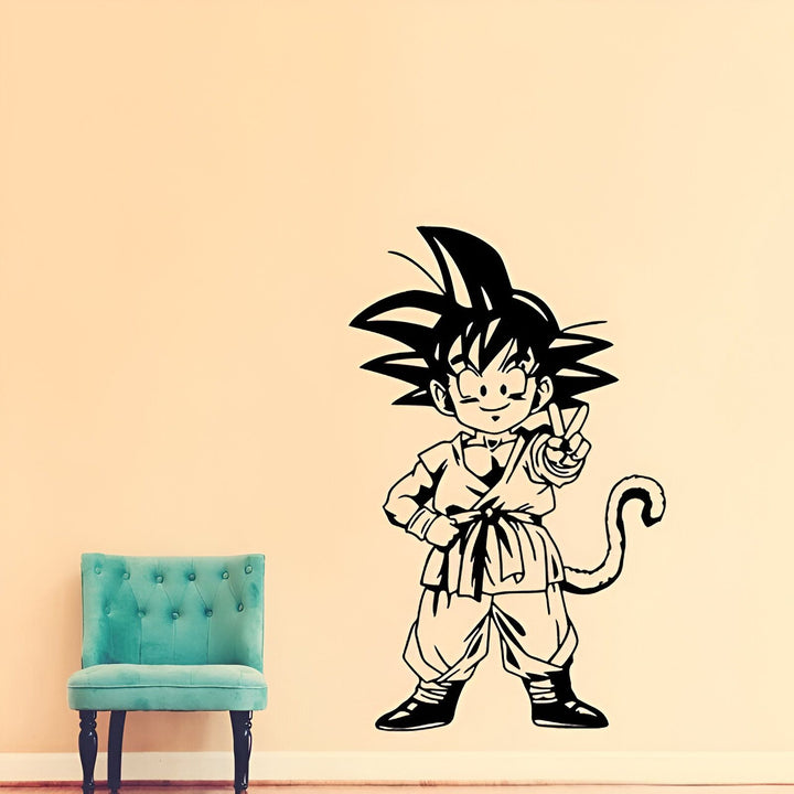 Une image de Son Goku, un personnage de la série animée Dragon Ball Z. Il est représenté debout, avec un grand sourire sur le visage, et faisant un signe de la main.,ST-4530827496,ST-3695989378