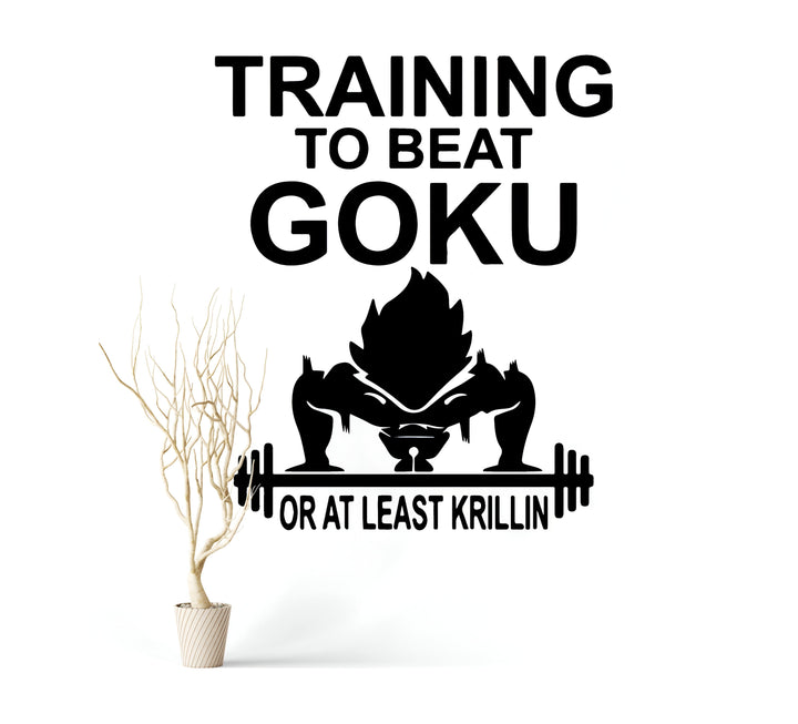 Une image en noir et blanc d'un personnage de dessin animé, Goku, qui s'entraîne avec des poids. Le texte en français "Training to beat Goku or at least Krilin" est écrit au-dessus de l'image.,ST-0360466648,ST-6791198192,ST-9098295126