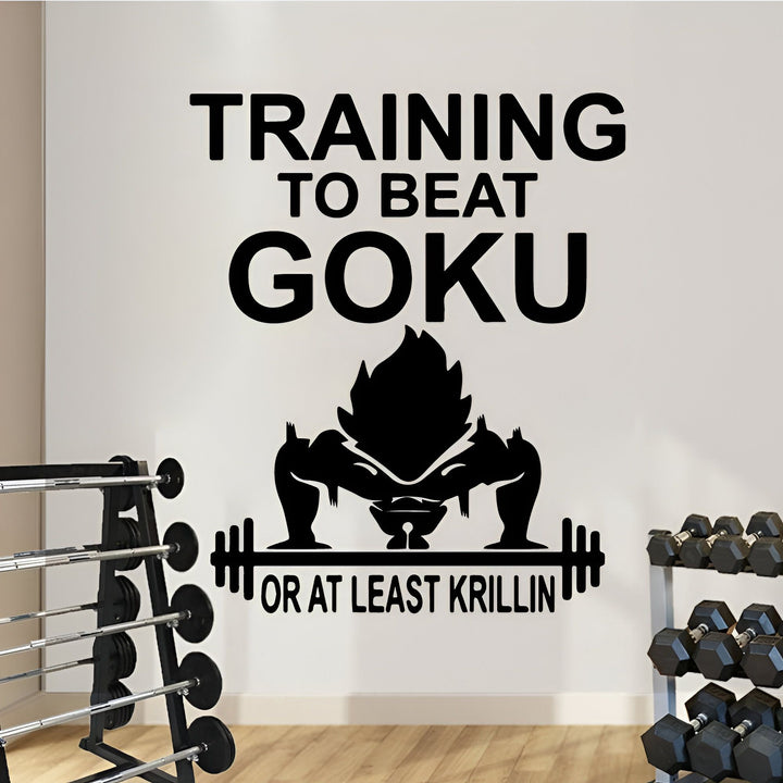 
Une image représentant un sticker mural avec le texte "training to beat goku or at least krilin" avec à côté des haltères et des poids.,ST-0360466648,ST-6791198192,ST-9098295126