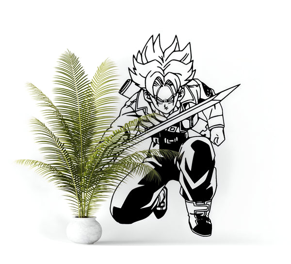 Une image en noir et blanc de Trunks, un personnage de Dragon Ball Z, agenouillé et tenant une épée. À côté de lui se trouve un palmier.,ST-9451767916,ST-7149300243