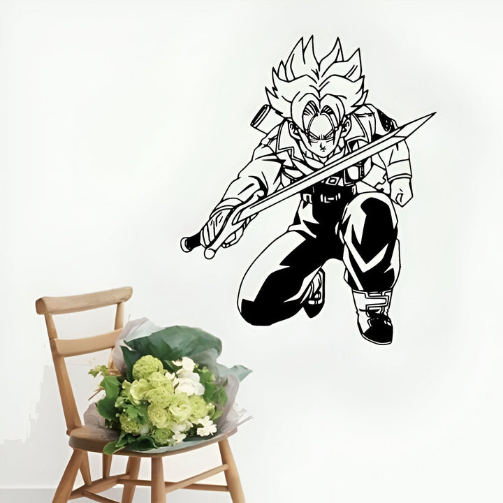 Une image en noir et blanc de Trunks, un personnage de Dragon Ball Z. Il est représenté en train de se battre, avec son épée à la main.,ST-9451767916,ST-7149300243