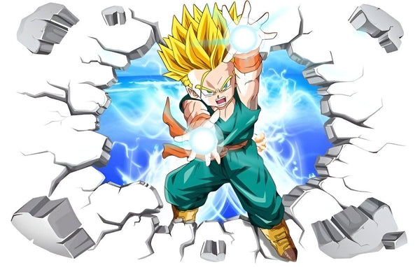 Une image de Son Gohan, un personnage de Dragon Ball Z, en train de briser un mur. Il est entouré de débris et de fumée.,ST-4150538271