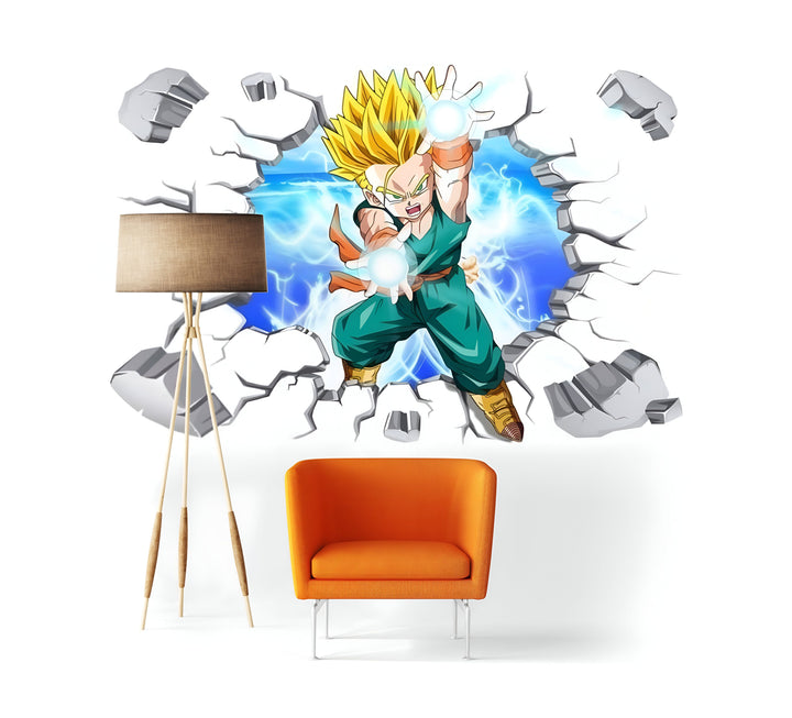 Une image de Son Gohan, un personnage de Dragon Ball Z, en train de briser un mur. Il est entouré d'éclairs bleus et jaunes.,ST-4150538271