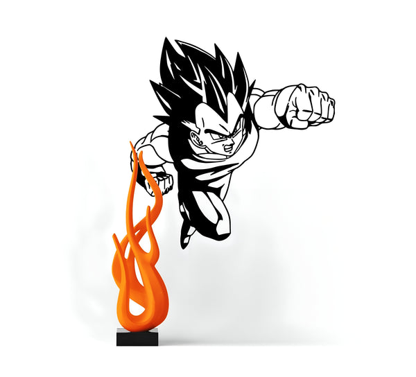 Une image en noir et blanc de Vegeta, un personnage de la série Dragon Ball Z. Il est représenté en train de voler et de lancer un coup de poing. En dessous de lui se trouve une flamme orange.,ST-4213962202,ST-0820795771