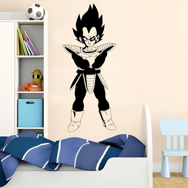 L'image représente un personnage de dessin animé en noir et blanc. Il s'agit de Vegeta, un personnage de la série Dragon Ball Z. Il est représenté avec ses cheveux noirs hérissés, sa combinaison de combat et ses bottes. Il a les bras croisés sur la poitrine et un regard déterminé.,ST-3272772782,ST-991011450X