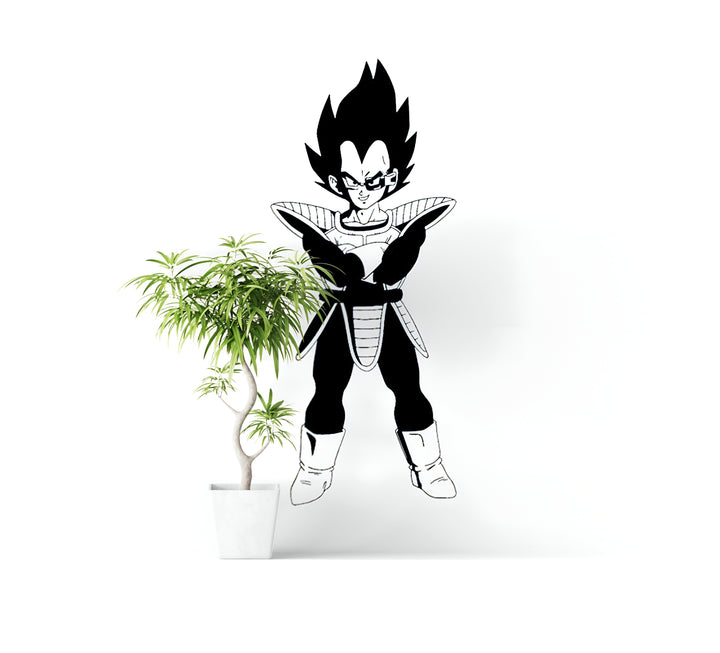 Une image en noir et blanc de Vegeta, un personnage de la série animée Dragon Ball Z. Il est représenté debout, les bras croisés sur la poitrine, avec un air sérieux sur le visage. A côté de lui se trouve une plante verte dans un pot blanc.,ST-3272772782,ST-991011450X