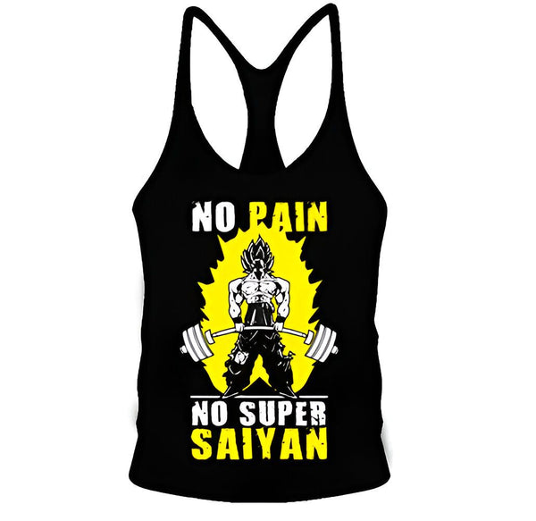 L'image représente un débardeur noir avec un texte jaune "No pain no super saiyan".,ST-0389919047,ST-7376125906,ST-2396492683