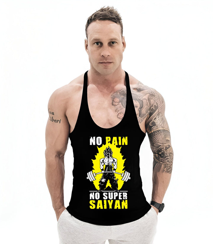 L'image représente un homme portant un débardeur noir avec un motif de Goku, un personnage de la série animée Dragon Ball Z. Le motif représente Goku en train de soulever des haltères avec le texte "No pain, no super saiyan" écrit en dessous.,ST-0389919047,ST-7376125906,ST-2396492683