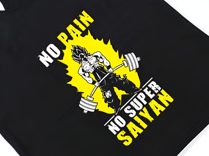 Une image de Son Goku, un personnage de Dragon Ball Z, en train de soulever des poids. Il est entouré d'un éclair jaune et le texte "No pain no super saiyan" est écrit en dessous de lui.,ST-0389919047,ST-7376125906,ST-2396492683