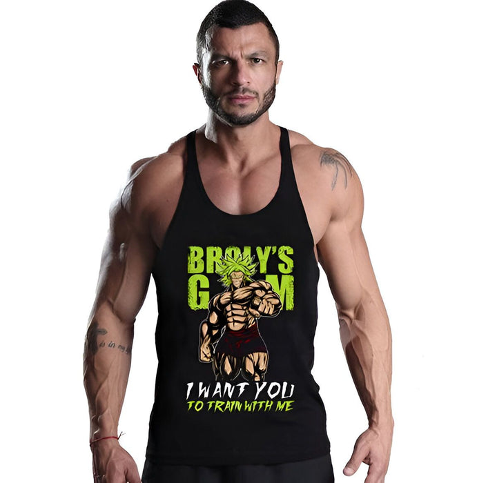 L'image montre un homme musclé portant un débardeur noir avec un imprimé de Broly, un personnage de Dragon Ball Z. Le texte sur le débardeur dit "Broly's Gym I want you to train with me".,ST-4805374462,ST-6631346649,ST-3912770182