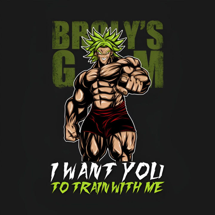 L'image représente un personnage de dessin animé musclé avec des cheveux verts. Il porte un short rouge et une veste verte. Il est entouré de texte qui dit "Broly's Gym" et "I want you to train with me".,ST-4805374462,ST-6631346649,ST-3912770182