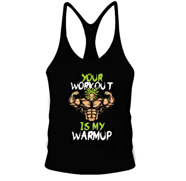 L'image représente un débardeur noir avec un texte vert qui dit "YOUR WORKOUT IS MY WARMUP".,ST-4865052828,ST-0223873403,ST-9641315781