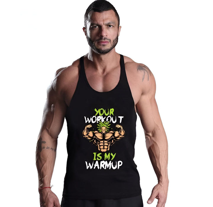 Un homme musclé porte un débardeur noir avec un texte vert qui dit "YOUR WORKOUT IS MY WARMUP".,ST-4865052828,ST-0223873403,ST-9641315781