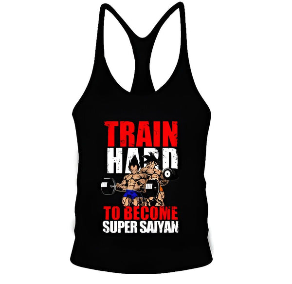 Une image d'un débardeur noir avec un texte rouge et blanc. Le texte dit "Train hard to become super saiyan".,ST-3734960339,ST-0332174824,ST-4608575562