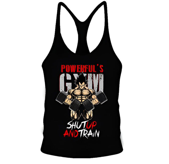 L'image représente un débardeur noir avec un imprimé représentant un personnage de dessin animé, Goku, en train de soulever des haltères. Le texte "Powerful's Gym" est écrit en rouge et blanc au-dessus du personnage. Le texte "Shut up and train" est écrit en rouge et blanc en dessous du personnage.,ST-7043545811,ST-135006307X,ST-204086265X