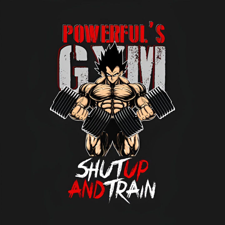 Une image de Vegeta, un personnage de Dragon Ball Z, s'entraînant dans une salle de sport. Il est vêtu d'un débardeur noir et d'un short noir. Il a les cheveux noirs et les yeux bleus. Il est en train de soulever des haltères. Le texte "Powerful's Gym" est écrit en rouge et blanc en haut de l'image. Le texte "Shut up and train" est écrit en rouge et blanc en bas de l'image.,ST-7043545811,ST-135006307X,ST-204086265X