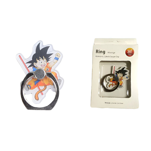 L'image montre un support de téléphone portable en forme de Goku, un personnage de la série animée Dragon Ball Z. Le support est transparent et a une forme de cercle avec une image de Goku en train de se battre. Il est vendu dans une boîte en carton avec une image de Goku sur le devant.,44209723113691