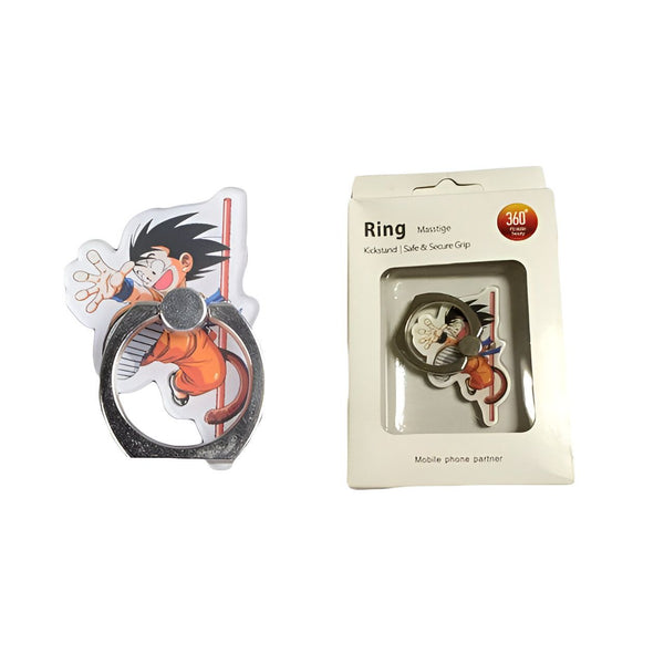 Une image d'un support de téléphone portable en plastique transparent en forme de Goku, un personnage de la série animée Dragon Ball Z. Le support est vendu dans une boîte en carton blanche avec une fenêtre transparente qui permet de voir le support.,44209722917083