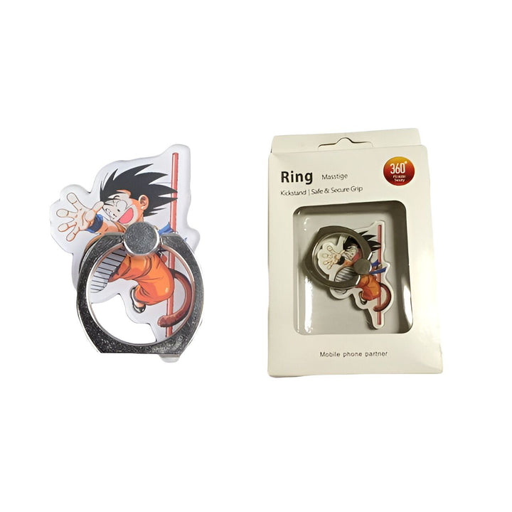 Une image d'un support de téléphone portable en plastique transparent en forme de Goku, un personnage de la série animée Dragon Ball Z. Le support est vendu dans une boîte en carton blanche avec une fenêtre transparente qui permet de voir le support.,44209722917083