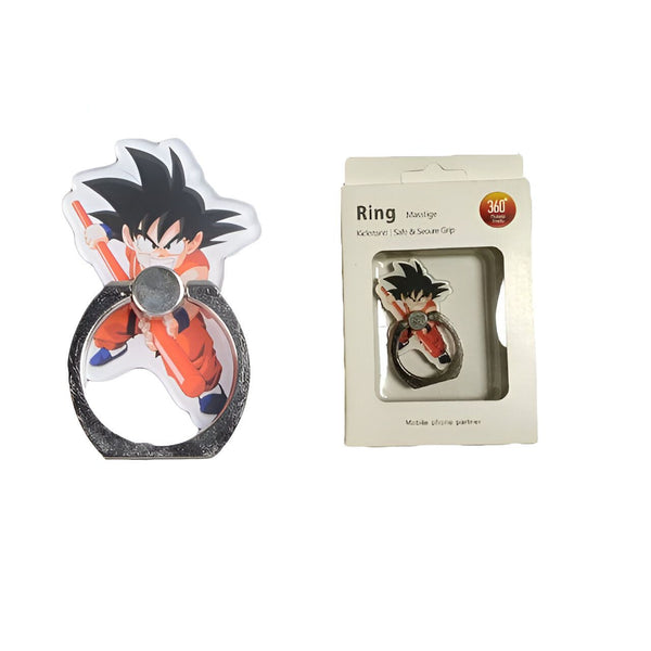 Une image d'un support de téléphone portable en forme de Goku, un personnage de la série animée Dragon Ball Z. Le support est orange et noir, avec une image de Goku en train de se battre. Il est livré dans une boîte en carton avec une image de Goku sur le devant.,44209722687707