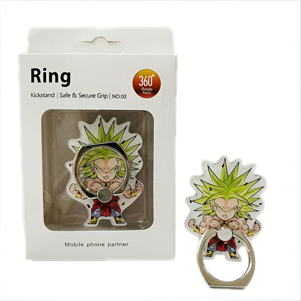 L'image montre une figurine de Broly, un personnage de Dragon Ball Z, sur un support rotatif à 360 degrés. La figurine est verte et porte une combinaison orange. Le support est noir et a une base ronde. Il est emballé dans une boîte en carton blanche avec une fenêtre transparente.,44209723277531