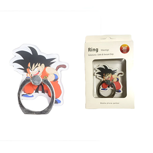 L'image montre un support de téléphone portable en plastique transparent en forme de Goku, un personnage de la série animée Dragon Ball Z. Le support est de couleur orange et noir avec un anneau en métal argenté. Il est présenté dans une boîte en carton blanche avec une fenêtre transparente.,44209722818779