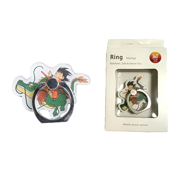L'image montre une bague de téléphone portable en plastique avec un motif de Son Goku chevauchant un dragon Shenron. La bague est de couleur verte et blanche et est livrée dans une boîte en plastique transparente.,44209723179227