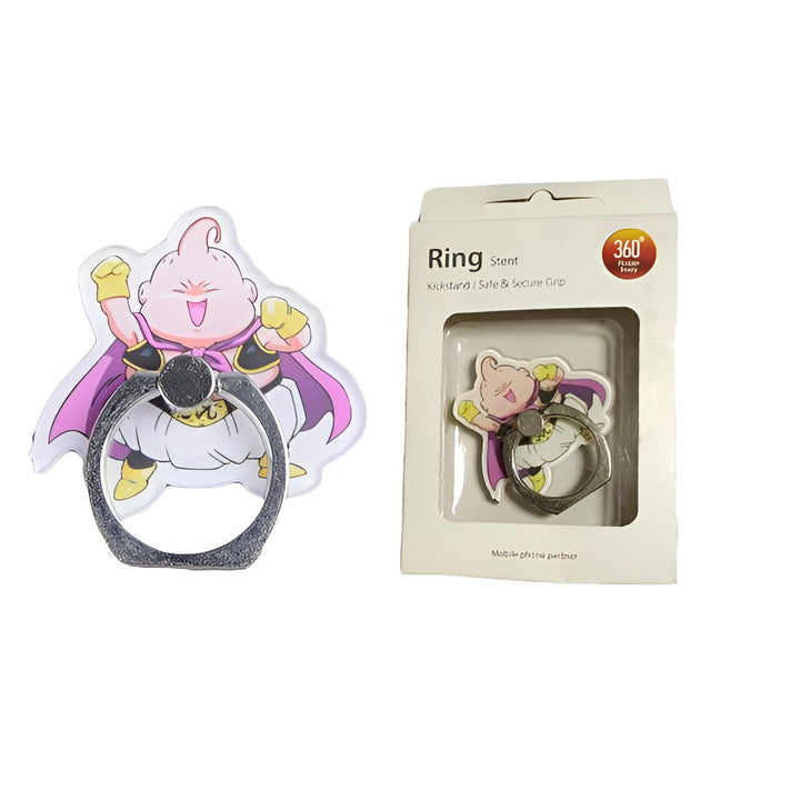 Une image d'un support de téléphone portable en forme de Majin Buu, un personnage de Dragon Ball Z. Le support est rose et blanc avec un anneau en métal pour tenir le téléphone. Il est emballé dans une boîte en plastique transparent.,44209722884315