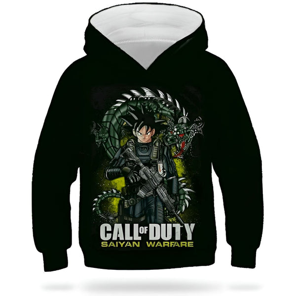 Une image d'un sweat à capuche noir avec une image de Son Goku, un personnage de Dragon Ball Z, armé d'un fusil d'assaut et portant un gilet pare-balles. Le texte "Call of Duty" est écrit en lettres vertes sur la manche droite.,SW-032294757X,SW-0626540453,SW-461573753X,SW-2181271410,SW-1627462813,SW-2129116566,SW-6642614755,SW-4248079305,SW-363792935X,SW-1871204011,SW-644221849X