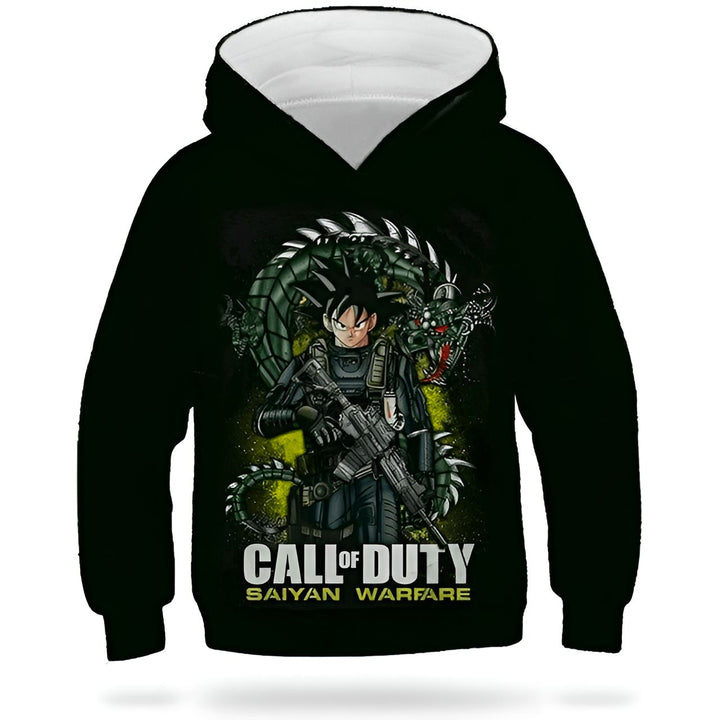 Une image d'un sweat à capuche noir avec une image de Son Goku, un personnage de Dragon Ball Z, armé d'un fusil d'assaut et portant un gilet pare-balles. Le texte "Call of Duty" est écrit en lettres vertes sur la manche droite.,SW-032294757X,SW-0626540453,SW-461573753X,SW-2181271410,SW-1627462813,SW-2129116566,SW-6642614755,SW-4248079305,SW-363792935X,SW-1871204011,SW-644221849X