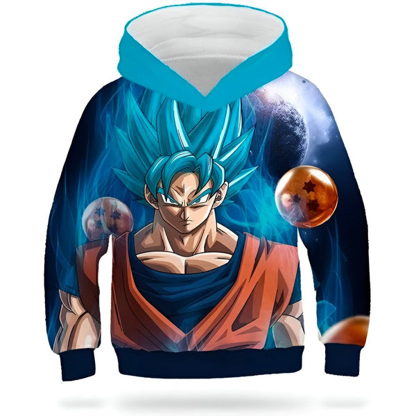 Le sweat à capuche bleu représente Son Goku, un personnage de la série animée japonaise Dragon Ball Z. Il est vêtu de sa combinaison de combat orange et bleue et est entouré de boules de cristal.,SW-5177071197,SW-7864277802,SW-6666876180,SW-9978723765,SW-3894308184,SW-325533408X,SW-3394978415