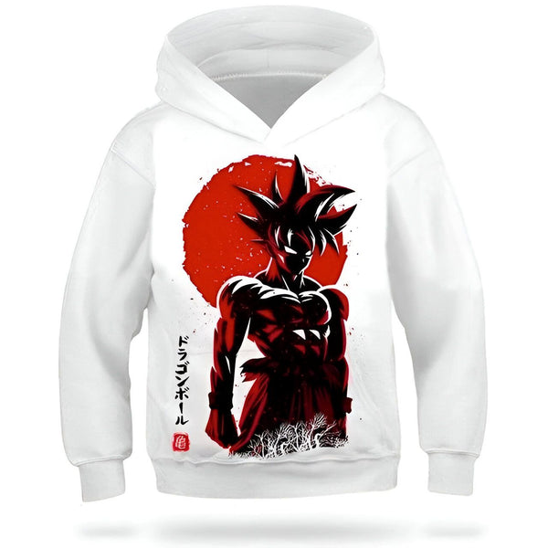 Une image d'un sweat à capuche blanc avec une illustration de Son Goku, un personnage de la série animée Dragon Ball Z. Son Goku est représenté de face, avec les cheveux noirs et les yeux bleus. Il porte une combinaison orange et une ceinture bleue. Le sweat à capuche a une capuche rouge avec un cordon de serrage blanc.,SW-216414211X,SW-1652393889,SW-8314103888,SW-2655748492,SW-7022679096,SW-9139218805,SW-3287603159