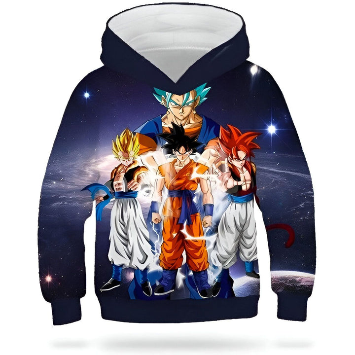 L'image représente un sweat à capuche bleu marine pour enfant avec une impression 3D des personnages de la série animée Dragon Ball Z. On peut voir Goku, Vegeta, Gohan et Trunks.,SW-3170152173,SW-3853403042,SW-2520556897,SW-6247496915,SW-600658610X,SW-169988885X,SW-0441264271