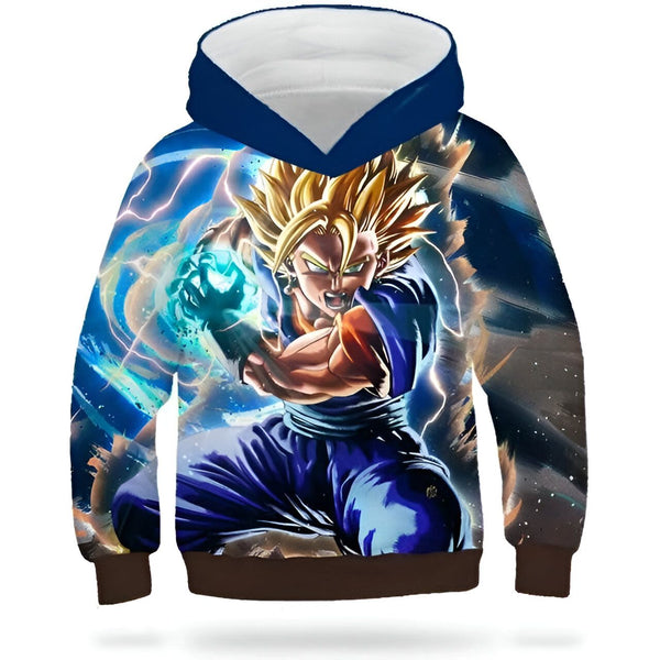 L'image représente un sweat à capuche bleu avec une image de Vegeta, un personnage de la série animée Dragon Ball Z. Vegeta est représenté en train de charger une attaque énergétique bleue. Le sweat à capuche est disponible en plusieurs tailles et convient aux enfants.,SW-6263715251,SW-698252504X,SW-4416400926,SW-3175417698,SW-5114850660,SW-1434382702,SW-994851596X