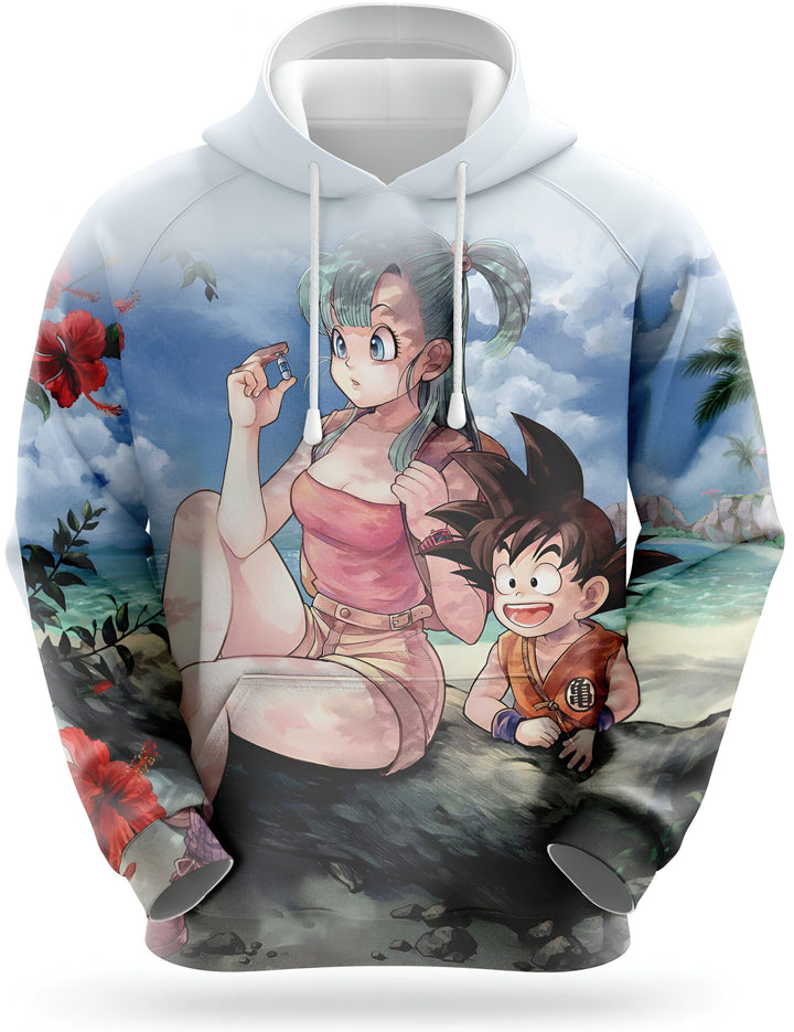 Une image de Son Goku et Bulma sur une plage. Bulma est assise sur un rocher et tient une capsule contenant une aiguille. Son Goku est debout à côté d'elle et la regarde. En arrière-plan, on peut voir la mer et des arbres.,SW-7306943804,SW-4414623669,SW-9294991121,SW-3417863104,SW-3451746514,SW-4957769095,SW-2726736882,SW-7381955415