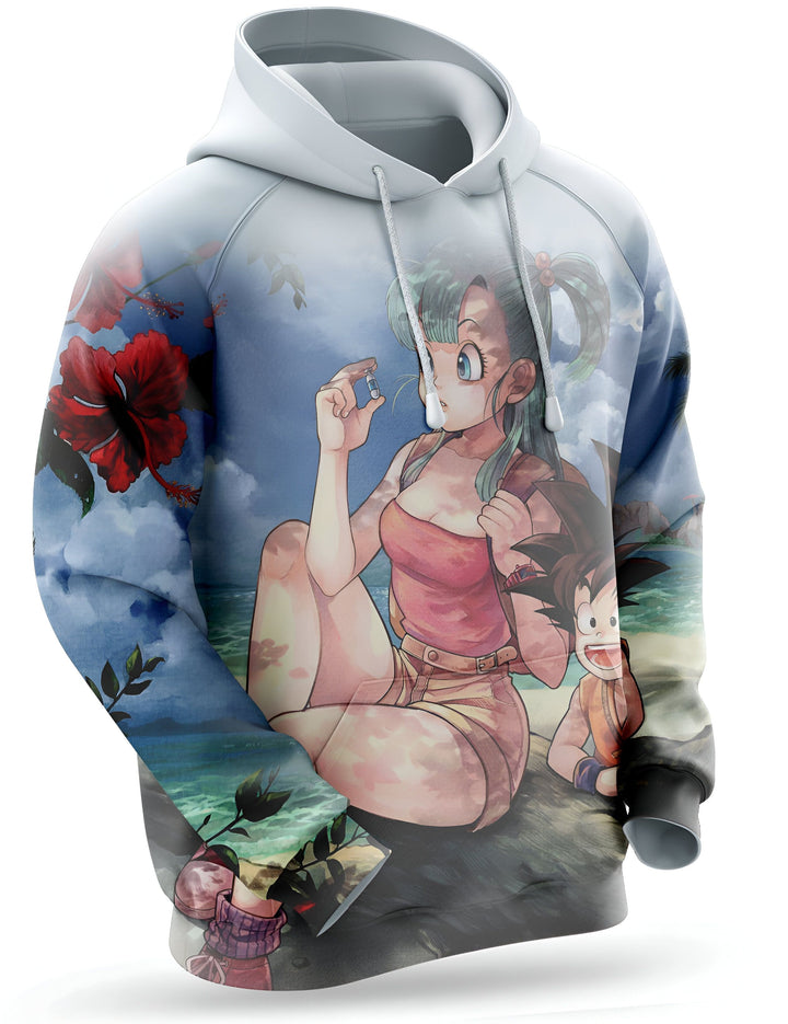 Une image d'un sweat à capuche avec un imprimé de Bulma et Goku. Bulma est assise sur un rocher, tenant une capsule. Goku est debout à côté d'elle, tenant un bâton. L'arrière-plan est une plage avec des palmiers et des fleurs.,SW-7306943804,SW-4414623669,SW-9294991121,SW-3417863104,SW-3451746514,SW-4957769095,SW-2726736882,SW-7381955415
