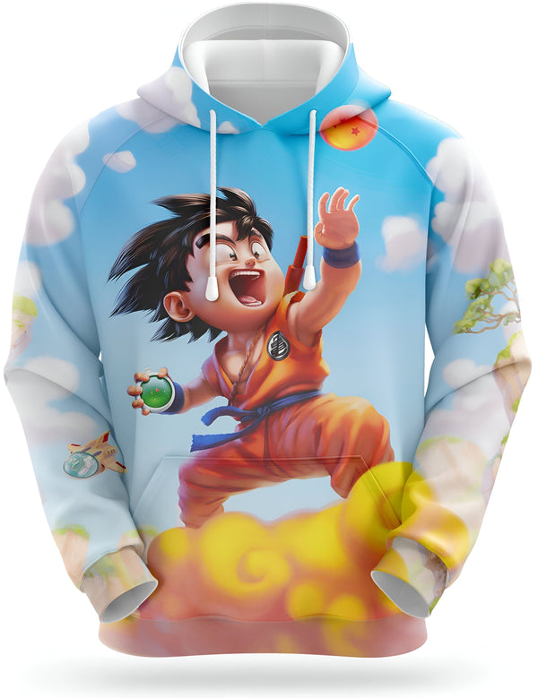 Une image d'un sweat à capuche Dragon Ball Z. Le sweat à capuche est bleu et orange avec une image de Goku, le personnage principal de la série, en train de voler sur un nuage. Il porte son costume orange et bleu et tient une boule d'énergie dans sa main droite. En arrière-plan, on peut voir le vaisseau spatial de Freezer et un arbre.,SW-9653578065,SW-4701663964,SW-4889318992,SW-3293396879,SW-198858437X,SW-0027526836,SW-8058590355