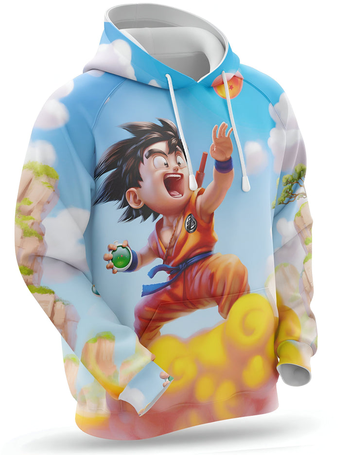 Une image d'un sweat à capuche bleu et blanc avec un personnage de dessin animé, Son Goku, en train de voler sur un nuage. Il porte une combinaison orange et bleue et tient une boule d'énergie verte dans sa main droite. En arrière-plan, on peut voir des montagnes et des arbres.,SW-9653578065,SW-4701663964,SW-4889318992,SW-3293396879,SW-198858437X,SW-0027526836,SW-8058590355